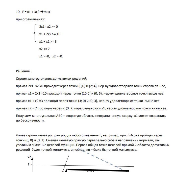 F = x1 + 3x2 max .при ограничениях: 2х1 - х2 >= 0 x1 + 2x2 >= 10 x1 + x2 >= 3 x2 =0, x2 >=0.