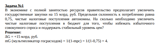 В экономике с полной занятостью ресурсов правительство предполагает увеличить государственные закупки на 15 млрд. руб. Предельная склонность к потреблению равна 0,75, чистые налоговые поступления автономны.