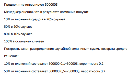 Предприятие инвестирует 500000$ Менеджер оценил, что в результате компания получит 10% от вложений средств в 20% случаев 50% в 20% случаев 80% в 10% случаев 100% в остальных случаев