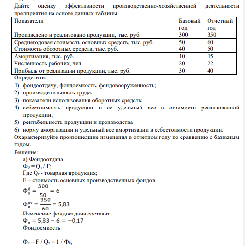 Дайте оценку эффективности производственно-хозяйственной деятельности предприятия на основе данных таблицы. Показатели Базовый год Отчетный год Произведено и реализовано продукции, тыс. руб. 300 350