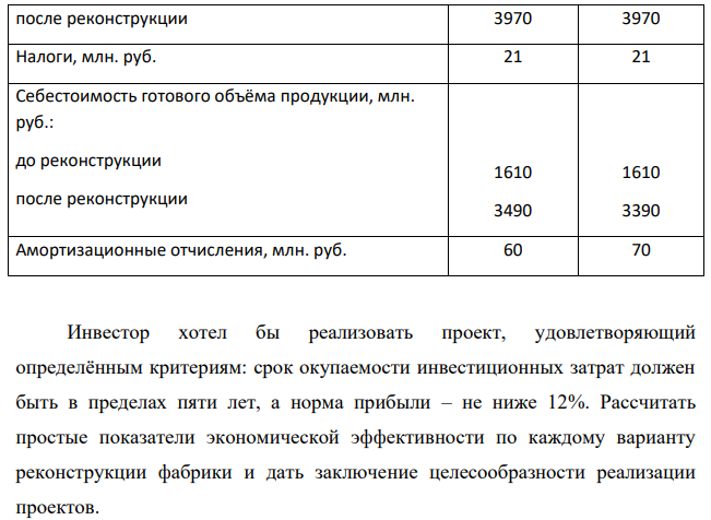 Инвестор предлагает осуществить реконструкцию кондитерской фабрики. Предложены два варианта проекта строительства.