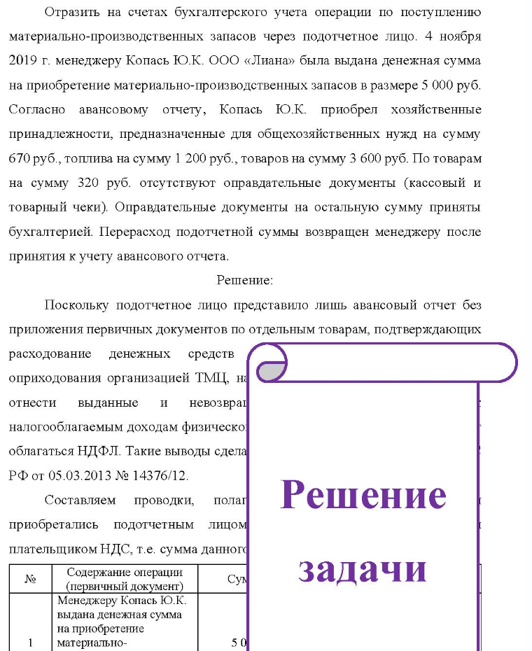 Отразить на счетах бухгалтерского учета операции по поступлению материально-производственных запасов через подотчетное лицо, 4 ноября 2019 г. менеджеру Копась Ю.К. ООО «Лиана» была выдана денежная сумма на приобретение материально-производственных