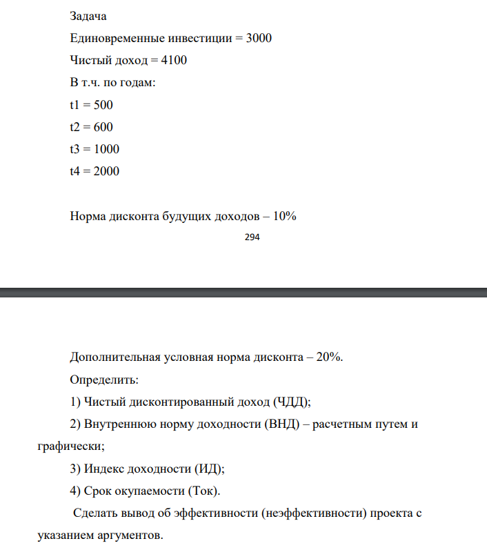 Единовременные инвестиции = 3000 Чистый доход = 4100 В т.ч. по годам: t1 = 500 t2 = 600 t3 = 1000 t4 = 2000 Норма дисконта будущих доходов – 10% 295 Дополнительная условная норма дисконта – 20%.