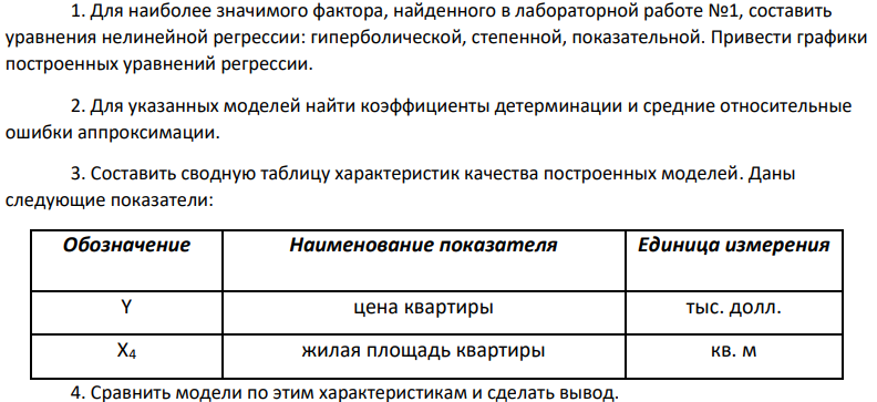 1. Для наиболее значимого фактора, найденного в лабораторной работе №1, составить уравнения нелинейной регрессии: гиперболической, степенной, показательной. Привести графики построенных уравнений регрессии. 2. Для указанных моделей найти коэффициенты детерминации и средние относительные ошибки аппроксимации.