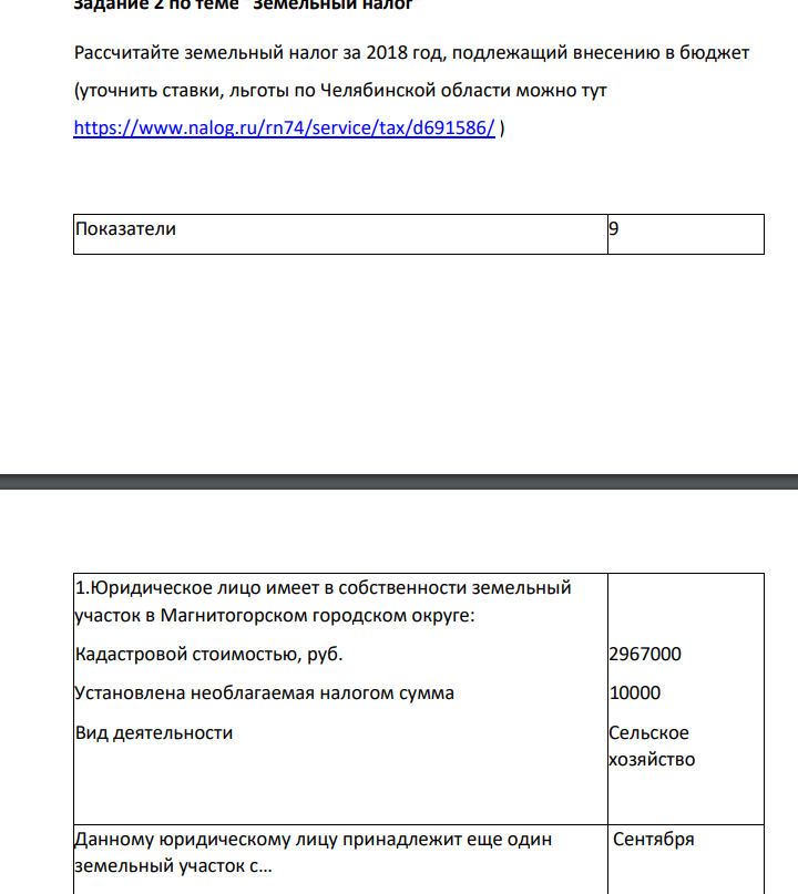 "Земельный налог" Рассчитайте земельный налог за 2018 год, подлежащий внесению в бюджет (уточнить ставки, льготы по Челябинской области можно тут https://www.nalog.ru/rn74/service/tax/d691586/ ) Показатели 9 1.Юридическое лицо имеет в собственности земельный участок в Магнитогорском городском округе: Кадастровой стоимостью, руб. Установлена необлагаемая налогом сумма
