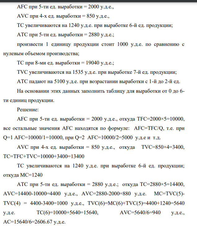 AFC при 5-ти ед. выработки = 2000 у.д.е., AVC при 4-х ед. выработки = 850 у.д.е., ТС увеличиваются на 1240 у.д.е. при выработке 6-й ед. продукции; АТС при 5-ти ед. выработки = 2880 у.д.е