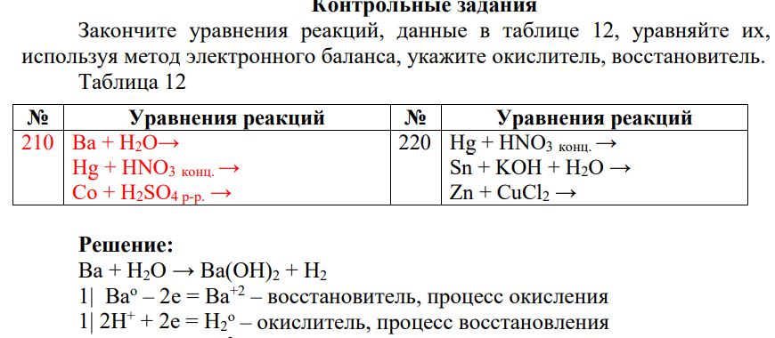 Закончите уравнения реакций, данные в таблице 12, уравняйте их, используя метод электронного баланса, укажите окислитель, восстановитель. Таблица 12 № Уравнения реакций № Уравнения реакций 210 Ba + H2O→ Hg + HNO3 конц. → Co + H2SO4 р-р. → 220 Hg + HNO3 конц. → Sn + KOH + H2O → Zn + CuCl2 →