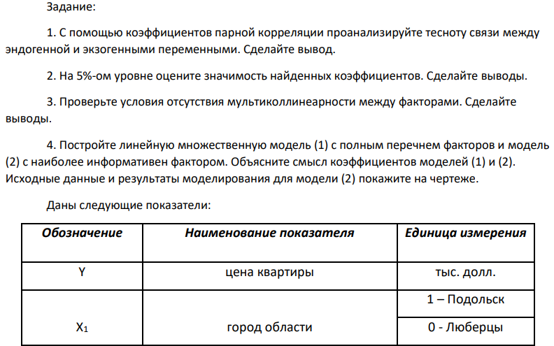 Задание: 1. С помощью коэффициентов парной корреляции проанализируйте тесноту связи между эндогенной и экзогенными переменными. Сделайте вывод. 2. На 5%-ом уровне оцените значимость найденных коэффициентов. Сделайте выводы.