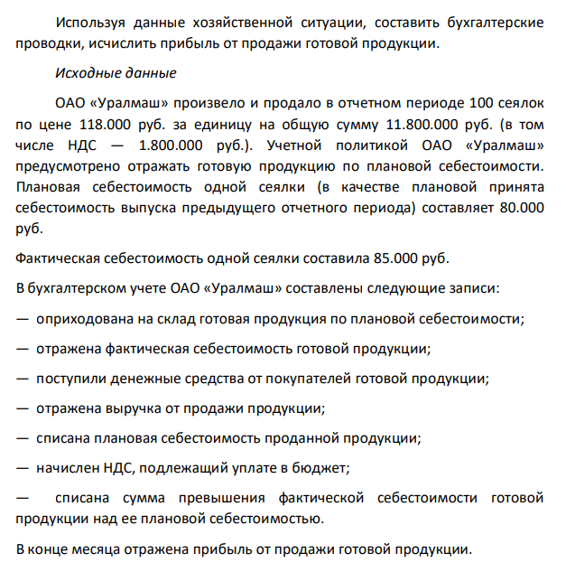 Используя данные хозяйственной ситуации, составить бухгалтерские проводки, исчислить прибыль от продажи готовой продукции. Исходные данные ОАО «Уралмаш» произвело и продало в отчетном периоде 100 сеялок по цене 118.000 руб. за единицу на общую сумму 11.800.000 руб. (в том числе НДС — 1.800.000 руб.).