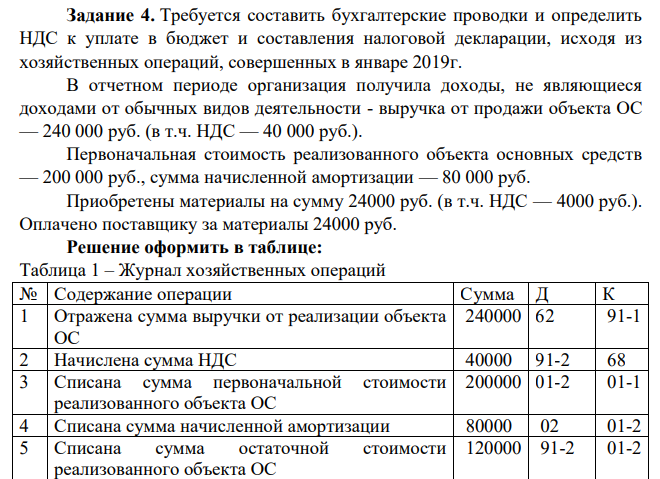 Требуется составить бухгалтерские проводки и определить НДС к уплате в бюджет и составления налоговой декларации, исходя из хозяйственных операций, совершенных в январе 2019г.