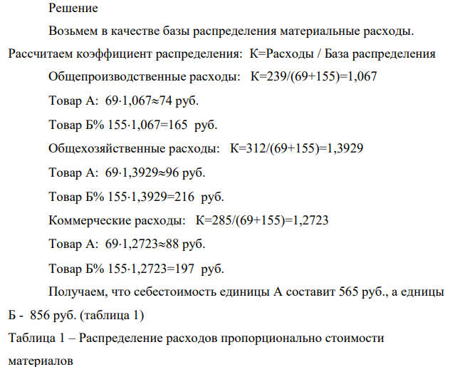 Рассчитать себестоимость двух товаров, используя в качестве базы распределения общепроизводственных и общехозяйственных расходов последовательно расходы на материалы, заработную плату производственных рабочих, прямые расходы. Показатели
