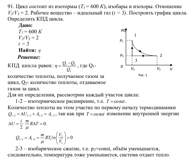 Цикл состоит из изотермы (Т1 = 600 К), изобары и изохоры. Отношение V2/V3 = 2. Рабочее вещество – идеальный газ (i = 5). Построить график цикла. Определить КПД цикла. Дано: Т1 = 600 К V2/V3 = 2 i = 5 Найти
