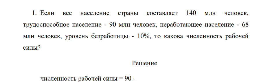 Если все население страны составляет 140 млн человек, трудоспособное население - 90 млн человек, неработающее население - 68 млн человек, уровень безработицы - 10%, то какова численность рабочей силы?