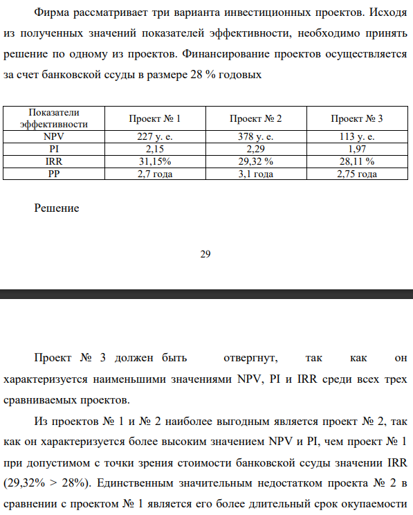 Фирма рассматривает три варианта инвестиционных проектов. Исходя из полученных значений показателей эффективности, необходимо принять решение по одному из проектов. Финансирование проектов осуществляется за счет банковской ссуды в размере 28 % годовых