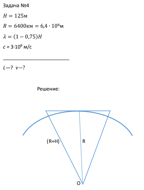 𝐻 = 125м 𝑅 = 6400км = 6,4 ∙ 106м 𝜆 = (1 − 0,75)𝐻 с = 3∙108 м/с ________________________ L—? 𝜈−?