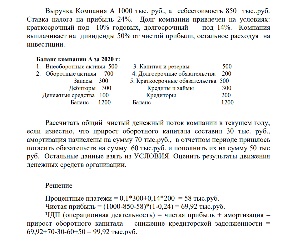 Выручка Компания А 1000 тыс. руб., а себестоимость 850 тыс..руб. Ставка налога на прибыль 24%. Долг компании привлечен на условиях: краткосрочный под 10% годовых, долгосрочный – под 14%.