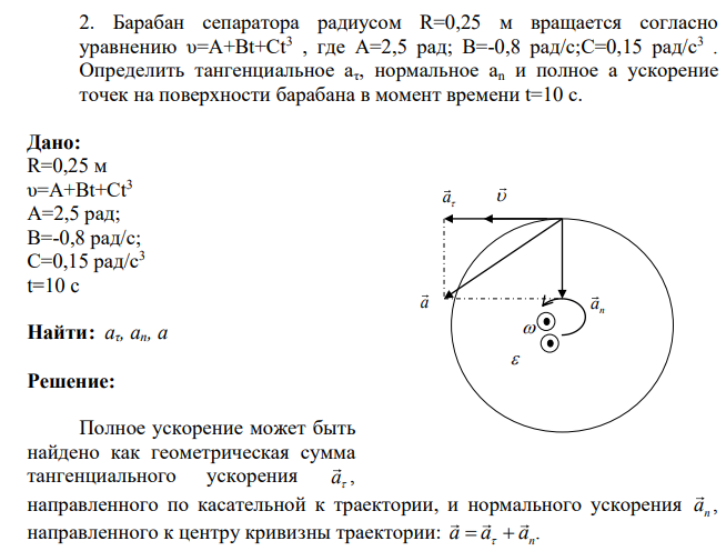 Барабан сепаратора радиусом R=0,25 м вращается согласно уравнению υ=А+Вt+Ct3 , где А=2,5 рад; В=-0,8 рад/с;С=0,15 рад/с3 . Определить тангенциальное аτ, нормальное an и полное а ускорение точек на поверхности барабана в момент времени t=10 c.