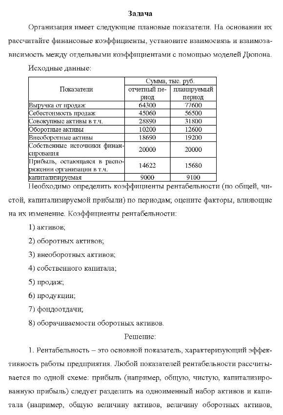 Организация имеет следующие плановые показатели. На основании их рассчитайте финансовые коэффициенты, установите взаимосвязь и взаимоза- висимость между отдельными коэффициентами с помощью моделей "юпона. Исходные данные: Сумма, тыс. руб. Показатели отчетный пе- планируемый Выручка от продаж Себестоимость продаж Совокупные