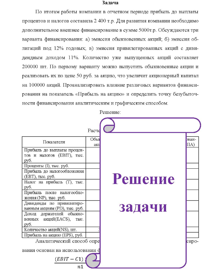 По итогам работы компании в отчетном периоде прибыль до выплаты процентов и налогов составила 2 400 т.р. Для развития компании необходимо дополнительное внешнее финансирование в сумме 5000т.р. Обсуждаются три варианта финансирования: а) эмиссия обыкновенных акций; б) эмиссия об- лигаций под 12% годовых; в) эмиссия привилегированных акций с диви- дендным доходом 11%. Количество уже выпущенных акций составляет 200000 шт.