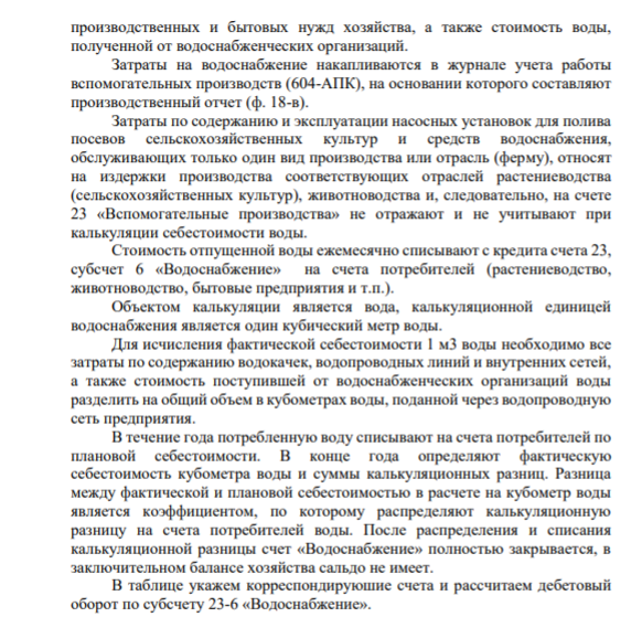 «Учет затрат по водоснабжению 23.6» На субсчете 23.6 «Водоснабжение» учитывают затраты по содержанию и эксплуатации артезианских скважин, водохранилищ, водозаборных узлов, водопроводных линий, внутренних сетей, а также по получению воды от сторонних водоснабжающих организаций. № п/п Содержание хозяйственной операции Сумма Корреспондирующие счета Дебет Кредит 1 2 3 4 5 1 Отчет о работе артезианской скважины за месяц: