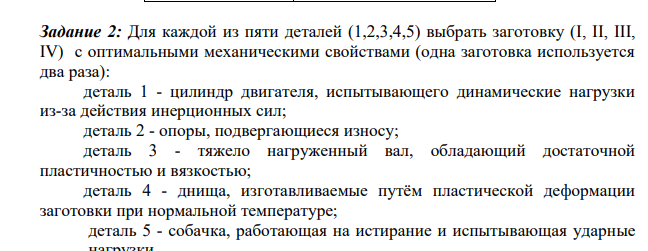 Для каждой из пяти деталей (1,2,3,4,5) выбрать заготовку (I, II, III, IV) с оптимальными механическими свойствами (одна заготовка используется два раза):