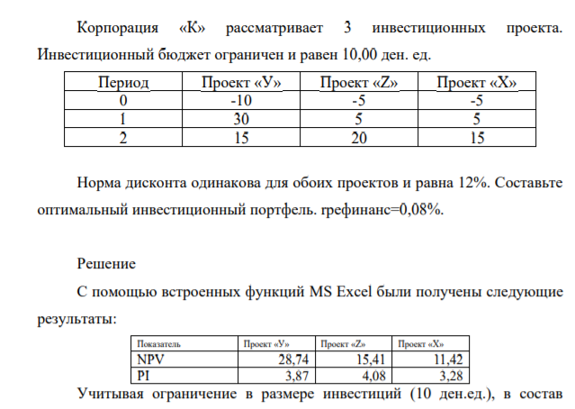 Корпорация «К» рассматривает 3 инвестиционных проекта. Инвестиционный бюджет ограничен и равен 10,00 ден. ед