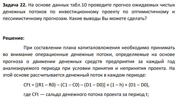 Задача 22. На основе данных табл.10 проведите прогноз ожидаемых чистых денежных потоков по инвестиционному проекту по оптимистичному и пессимистичному прогнозам. Какие выводы Вы можете сделать?