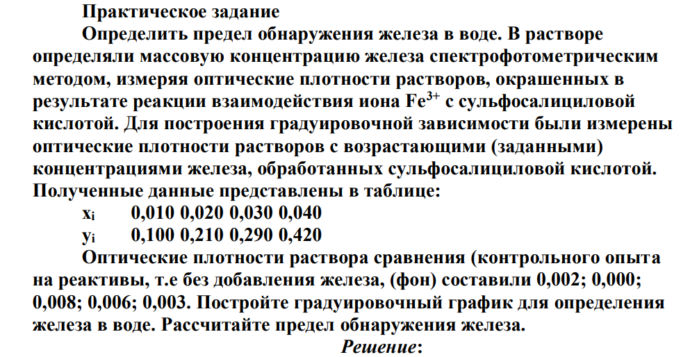 Определить предел обнаружения железа в воде. В растворе определяли массовую концентрацию железа спектрофотометрическим методом, измеряя оптические плотности растворов, окрашенных в результате реакции взаимодействия иона Fe3+ с сульфосалициловой кислотой.