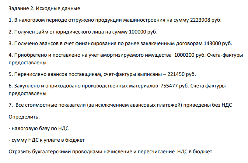 Исходные данные 1. В налоговом периоде отгружено продукции машиностроения на сумму 2223908 руб. 2. Получен займ от юридического лица на сумму 100000 руб.