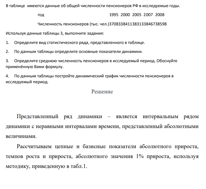 В таблице имеются данные об общей численности пенсионеров РФ в исследуемые годы. год 1995 2000 2005 2007 2008 Численность пенсионеров (тыс. чел.)3708338411383133846738598 Используя данные таблицы 3, выполните задания: 1.