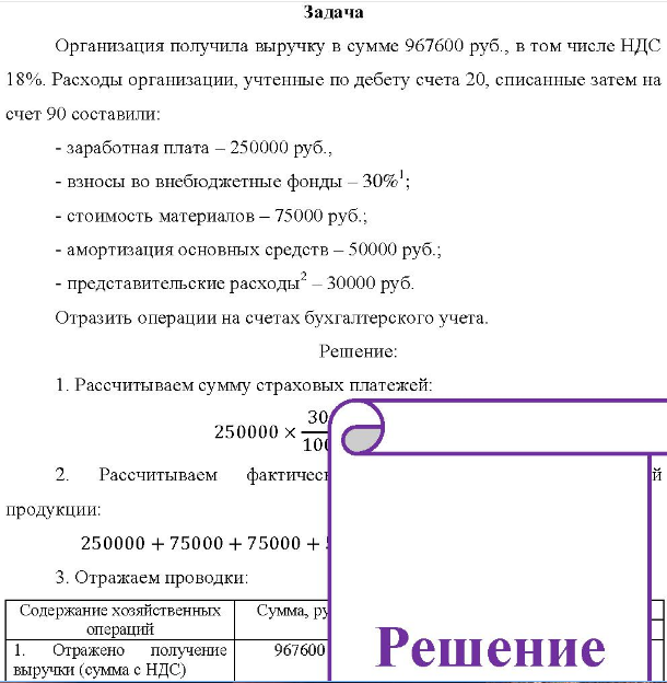 Организация получила выручку в сумме 967600 руб., в том числе НДС 18%. Расходы организации, учтенные по дебету счета 20, списанные затем на счет 90 составили: - заработная плата - 250000 руб. , - взносы во внебюджетные фонды - 30% ; - стоимость материалов - 75000 руб.; - амортизация основных средств - 50000 руб.; - представительские расходы - 30000 руб.