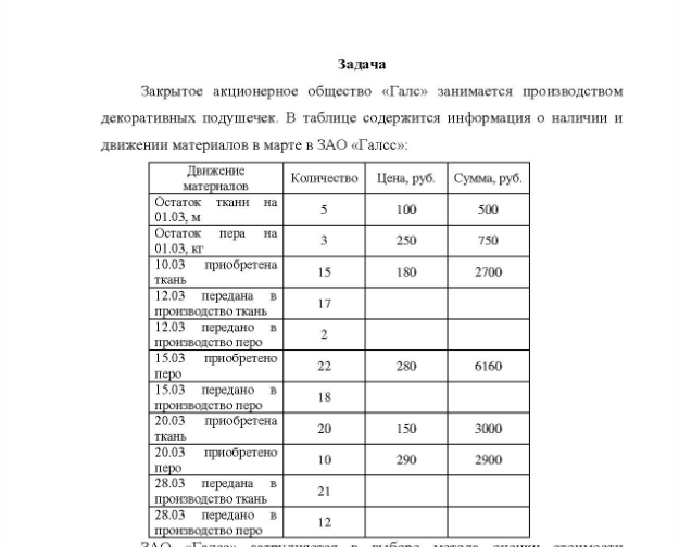 Задача Закрытое акционерное общество «Галс» занимается производством декоративных подушечек. В таблице содержится информация о наличии и движении материалов в марте в ЗАО «Галсс»: Движение материалов Количество Цена, руб. Сумма, руб. Остаток ткани на 01.03, м Остаток пера на 01.03, кг 10.03 приобретена ткань 12.03 передана производство ткань 12.03 передано в производство перо 15.03 приобретено перо 15,03 передано производство перо 20.03 приобретена ткань 20.03 приобретено перо 28.03 передана производство ткань