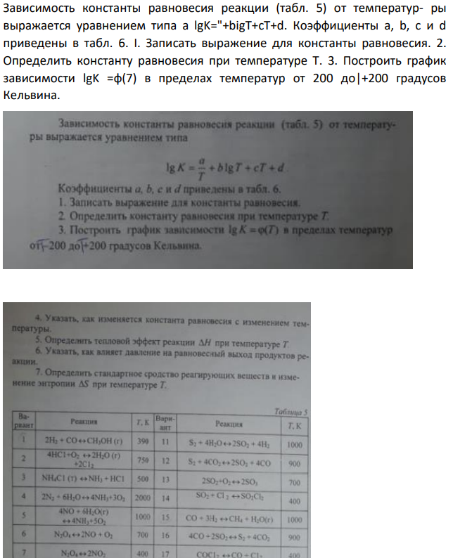 Зависимость константы равновесия реакции (табл. 5) от температур- ры выражается уравнением типа a lgK="+bigT+cT+d. Коэффициенты a, b, с и d приведены в табл. 6. I. Записать выражение для константы равновесия.