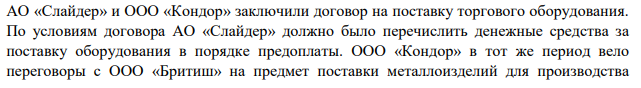 АО «Слайдер» и ООО «Кондор» заключили договор на поставку торгового оборудования. По условиям договора АО «Слайдер» должно было перечислить денежные средства за поставку оборудования в порядке предоплаты. ООО «Кондор» в тот же период вело переговоры с ООО «Бритиш» на предмет поставки металлоизделий для производства лифтового оборудования.