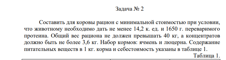 Составить для коровы рацион с минимальной стоимостью при условии, что животному необходимо дать не менее 14,2 к. ед. и 1650 г. переваримого протеина. Общий вес рациона не должен превышать 40 кг, а концентратов должно быть не более 3,6 кг.