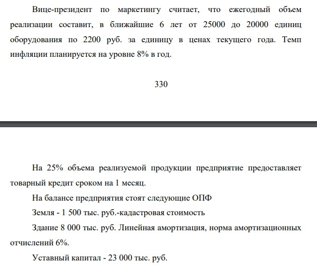 Вице-президент по маркетингу считает, что ежегодный объем реализации составит, в ближайшие 6 лет от 25000 до 20000 единиц оборудования по 2200 руб. за единицу в ценах текущего года.