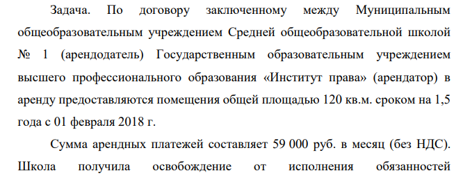 По договору заключенному между Муниципальным общеобразовательным учреждением Средней общеобразовательной школой № 1 (арендодатель) Государственным образовательным учреждением высшего профессионального образования «Институт права» (арендатор) в аренду предоставляются помещения общей площадью 120 кв.м. сроком на 1,5 года с 01 февраля 2018 г.