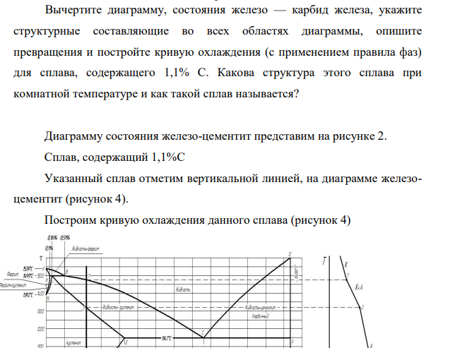Вычертите диаграмму, состояния железо — карбид железа, укажите структурные составляющие во всех областях диаграммы, опишите превращения и постройте кривую охлаждения (с применением правила фаз) для сплава, содержащего 1,1% С.