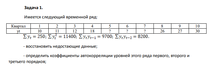 Имеется следующий временной ряд: Квартал 1 2 3 4 5 6 7 8 9 10 yt 10 11 12 18 ? ? ? 26 27 30