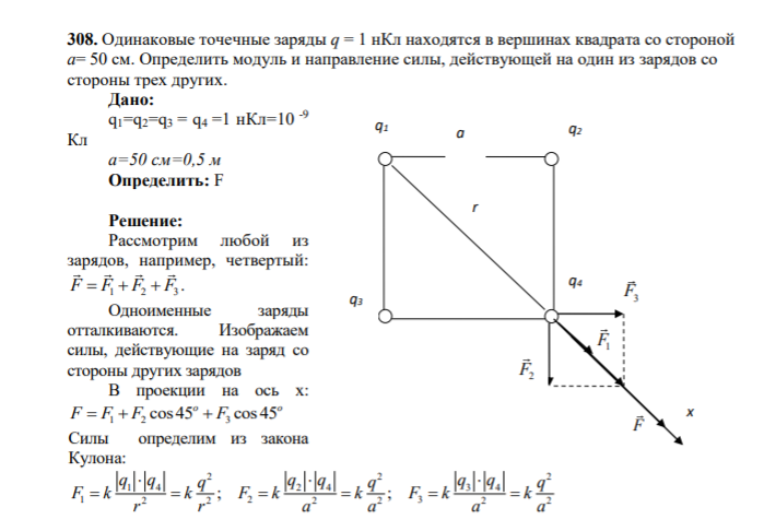308. Одинаковые точечные заряды q = 1 нКл находятся в вершинах квадрата со стороной a= 50 см. Определить модуль и направление силы, действующей на один из зарядов со стороны трех других.