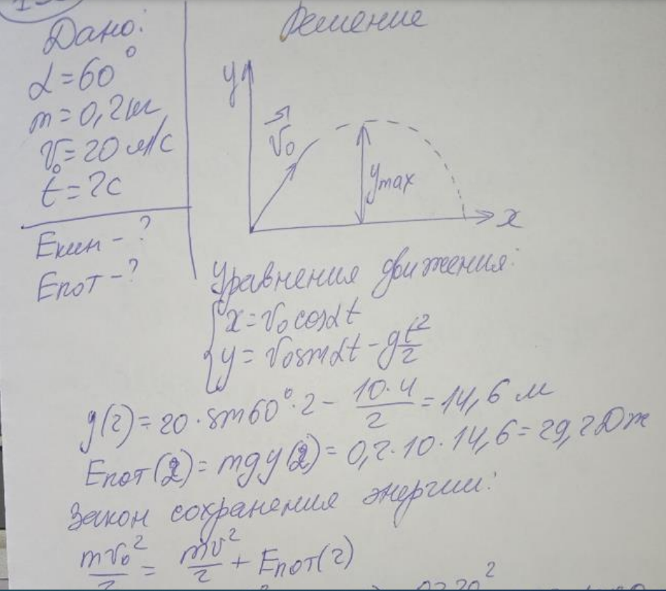 Под углом α = 60° к горизонту был брошен мяч массой m = 200 г со скоростью v = 72 км/ч. Найти кинетическую и потенциальную энергию мяча через t= 2 с после начала полета, а также в высшей точке его траектории.