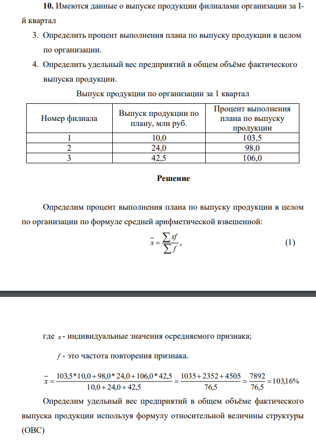 Имеются данные о выпуске продукции филиалами организации за Iй квартал 3. Определить процент выполнения плана по выпуску продукции в целом по организации.