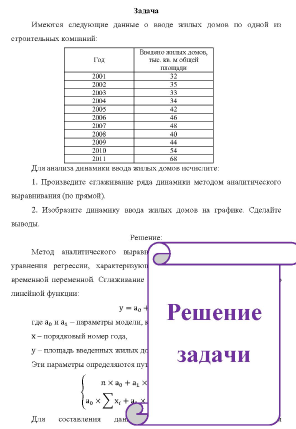 Имеются следующие данные о вводе жилых домов по одной из строительных компаний: Введено жилых домов, Год тыс. кв. мобщей площади 2001 2002 2003 2004 2005 2006 2007 2008 2009 2010 2011 35 34 42 40 54 68 Для анализа динамики ввода жилых домов исчислите: