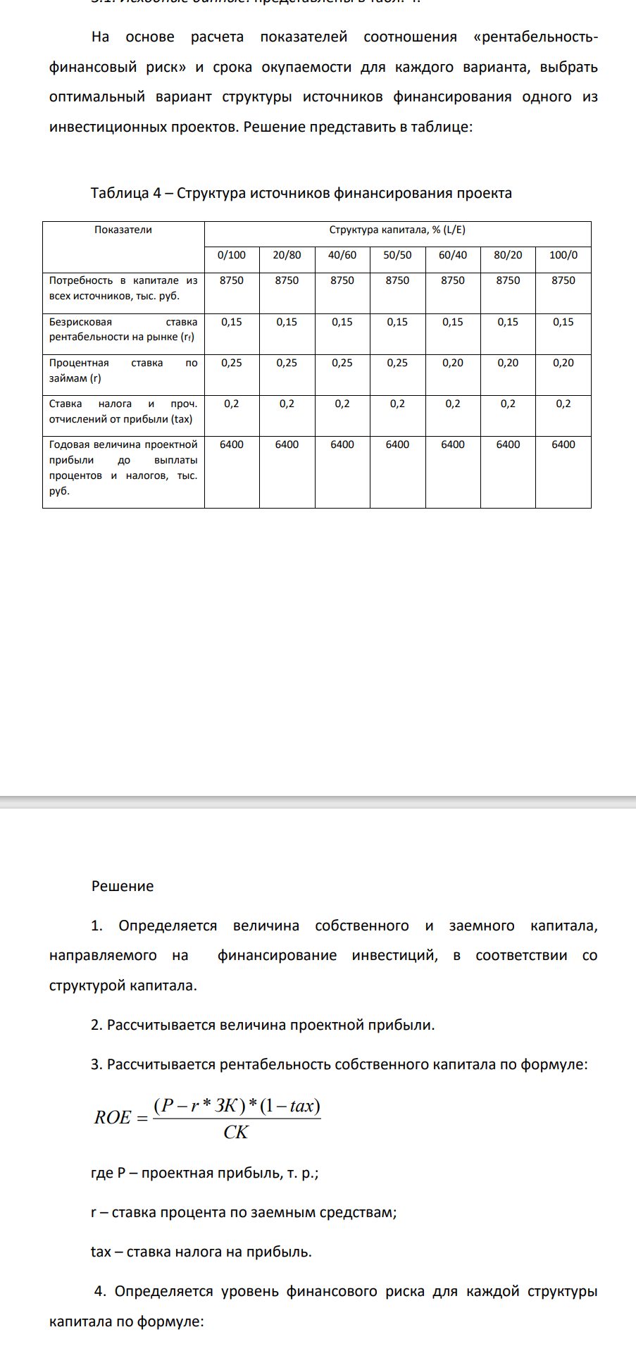 На основе расчета показателей соотношения «рентабельностьфинансовый риск» и срока окупаемости для каждого варианта, выбрать оптимальный вариант структуры источников финансирования одного из инвестиционных проектов. Решение представить в таблице: