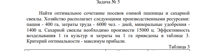 Найти оптимальное сочетание посевов озимой пшеницы и сахарной свеклы. Хозяйство располагает следующими производственными ресурсами: пашня - 400 га, затраты труда - 6000 чел. - дней, минеральные удобрения - 1400 ц.