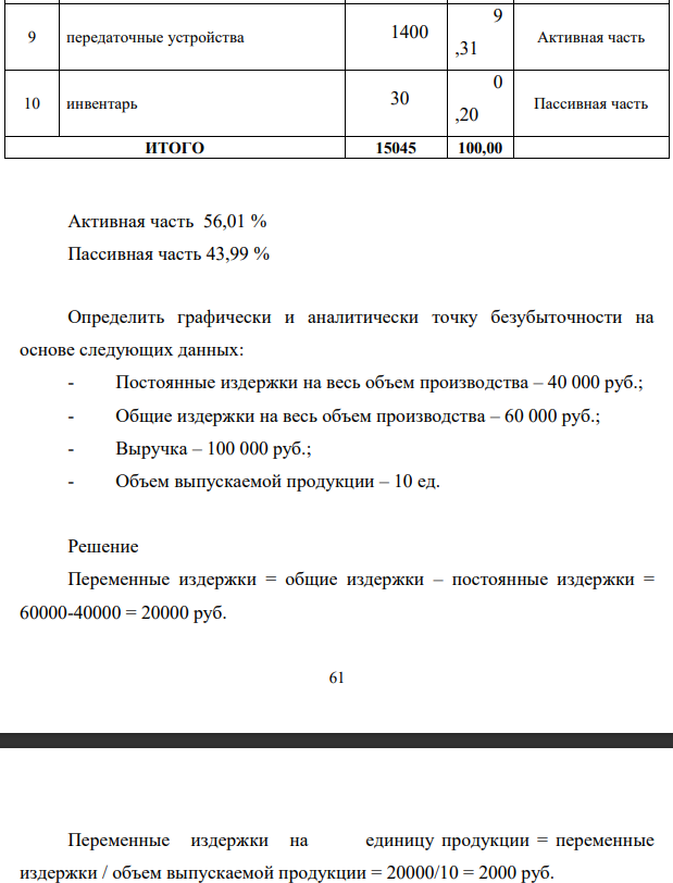 Определить какие из перечисленных объектов относятся к активной и пассивной части, долю в % каждого объекта, и долю активной и пассивной части. Активная часть 56,01 % Пассивная часть 43,99 %
