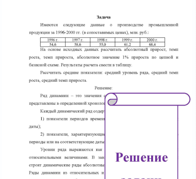 Задача Имеются следующие данные о производстве промышленной продукции за 1996-2000 гг. (в сопоставимых ценах), млн. руб. : 1996 г. 54,6 1997 г. 58.6 1998 г. 55.0 1999 г. 61,2 2000 г. 68,4 На основе исходных данных рассчитать абсолютный прирост, темп роста, темп прироста, абсолютное значение 1% прироста по цепной и базисной схеме, Результаты расчета свести в таблицу. Рассчитать средние показатели: средний уровень ряда, средний темп роста, средний темп прироста.