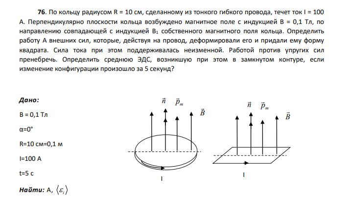 По кольцу радиусом R = 10 см, сделанному из тонкого гибкого провода, течет ток I = 100 A. Перпендикулярно плоскости кольца возбуждено магнитное поле с индукцией В = 0,1 Тл, по направлению совпадающей с индукцией В1 собственного магнитного поля кольца.
