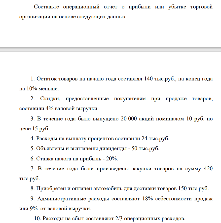 Составьте операционный отчет о прибыли или убытке торговой организации на основе следующих данных. 1. Остаток товаров на начало года составлял 140 тыс.руб., на конец года на 10% меньше.