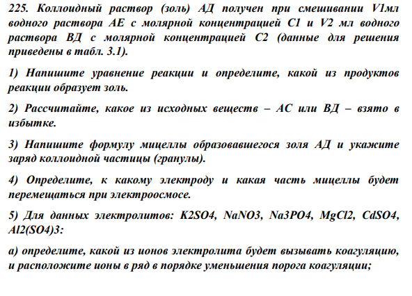 225. Коллоидный раствор (золь) АД получен при смешивании V1мл водного раствора АЕ с молярной концентрацией С1 и V2 мл водного раствора ВД с молярной концентрацией С2 (данные для решения приведены в табл. 3.1).
